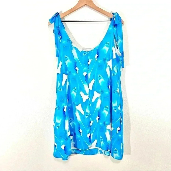 Palms Away Mini Blue Palm Leaves Dress with Pockets - Picture 2 of 8
